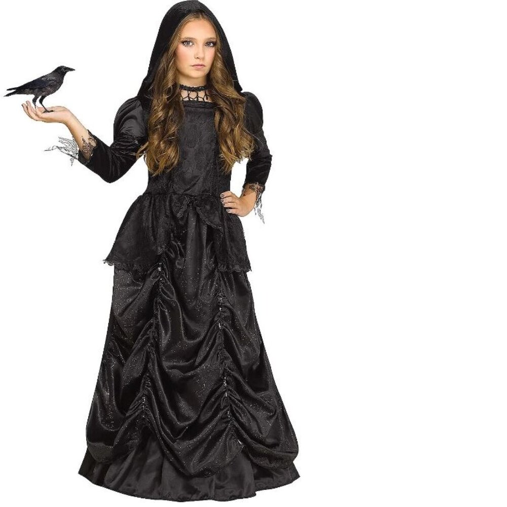 Wicked Evil Queen Halloween Costume 12/14 Black Gothic Hooded Hoop Skirt Gown